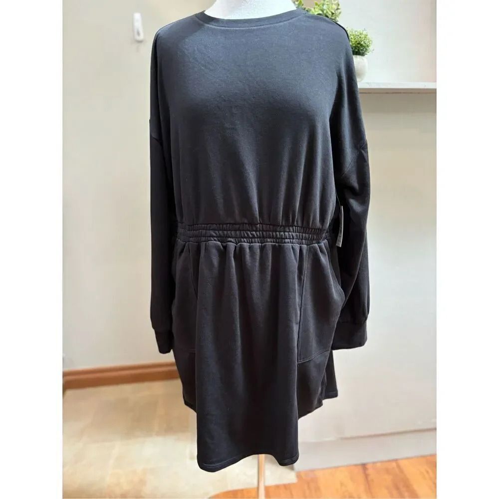 Time and Tru NWT XL black elastic waist pullover long sleeve sweatshirt dress w- - Picture 2 of 7
